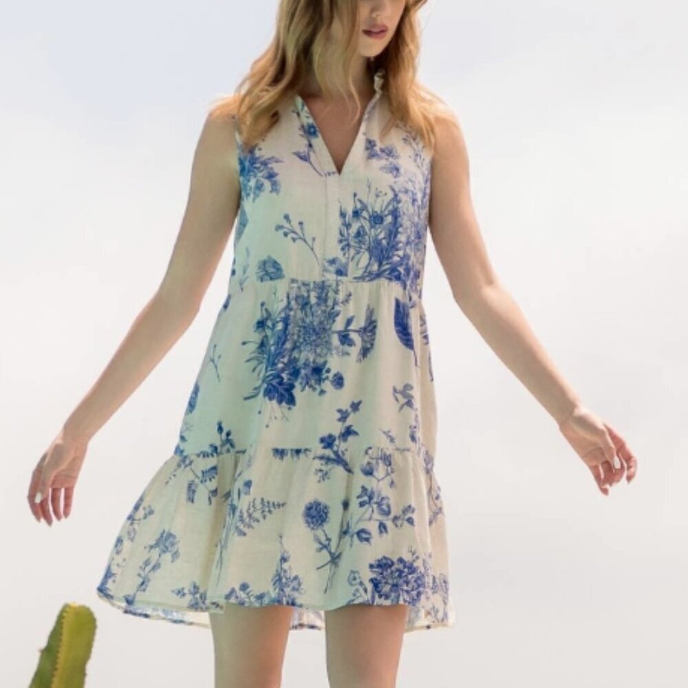 THML Blue Floral Linen Blend Tiered Halter Sundress Medium
